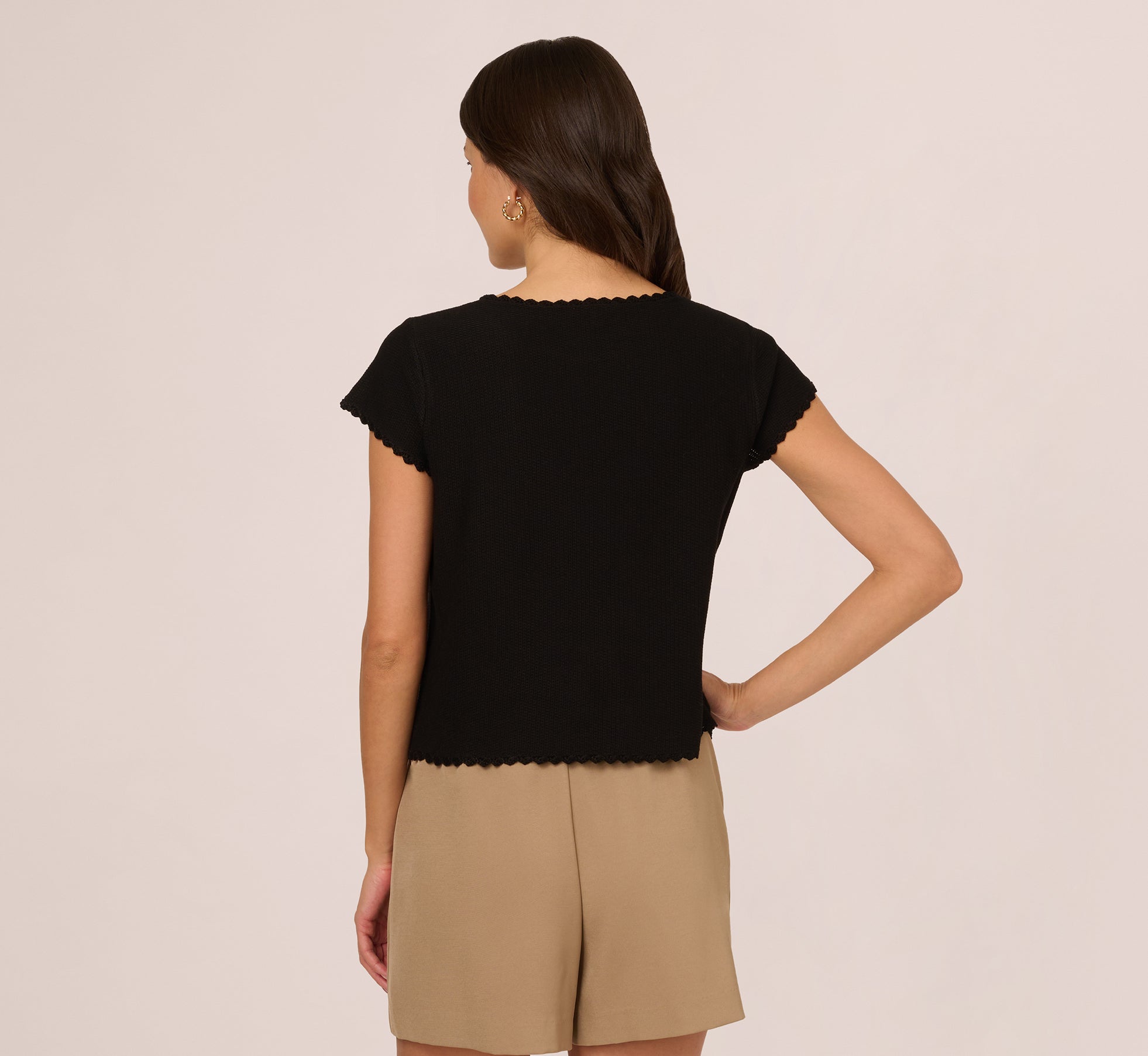 Cap Sleeve Crochet Scallop Sweater Top In Black、mySite、solidvoid