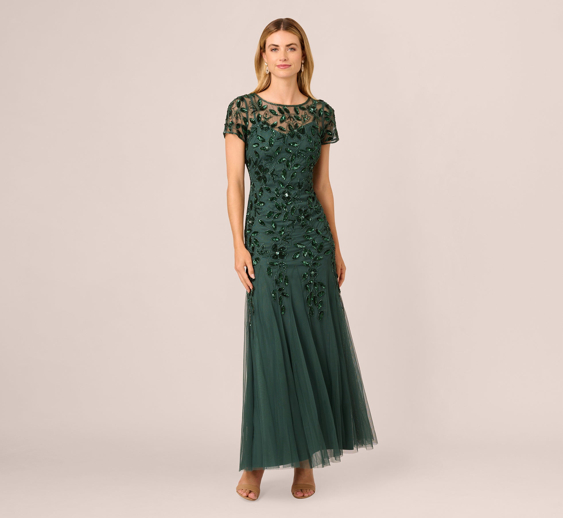 Hand Beaded Short Sleeve Floral Godet Gown In Dusty Emerald、mySite、solidvoid