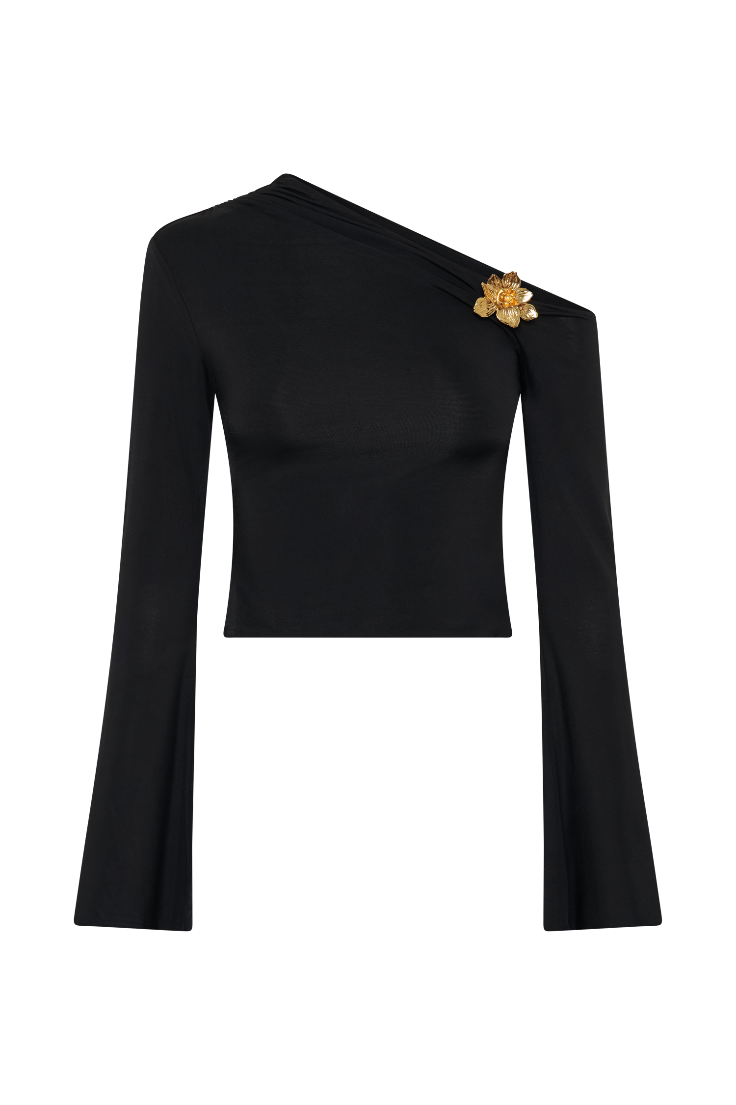 Ainsley Asymmetrical Long Sleeve Top With Floral Hardware - Black、mySite、solidvoid