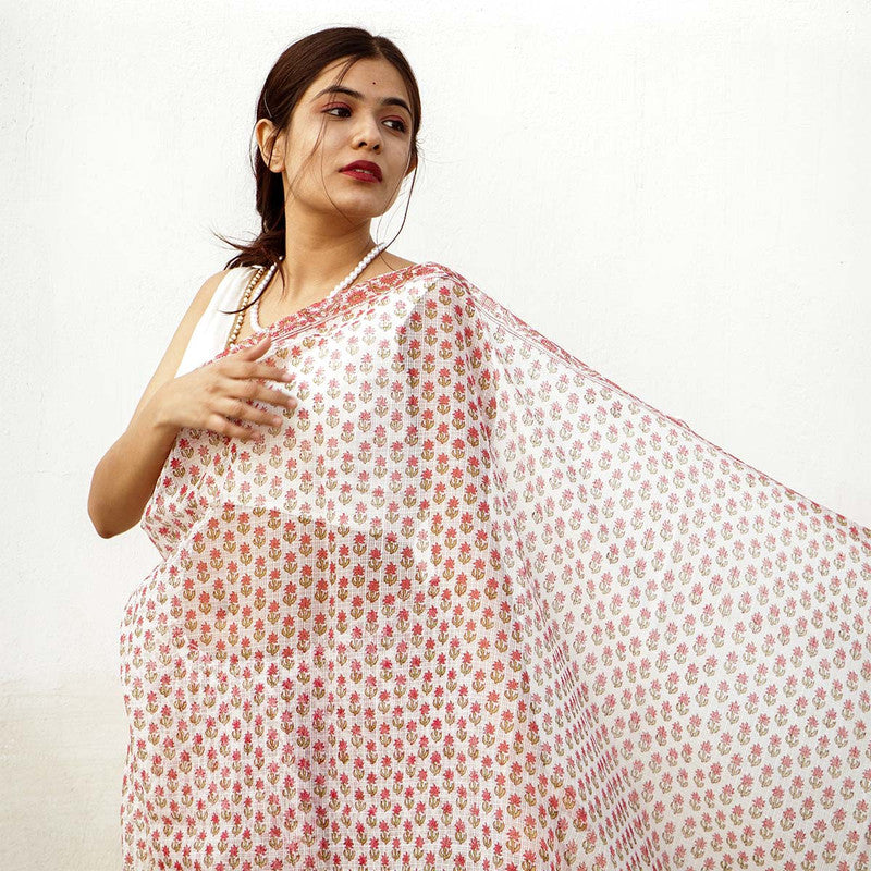 Festive Wear | Handblock Printed Kota Doria Saree | White & Red、mySite、camillekostekn