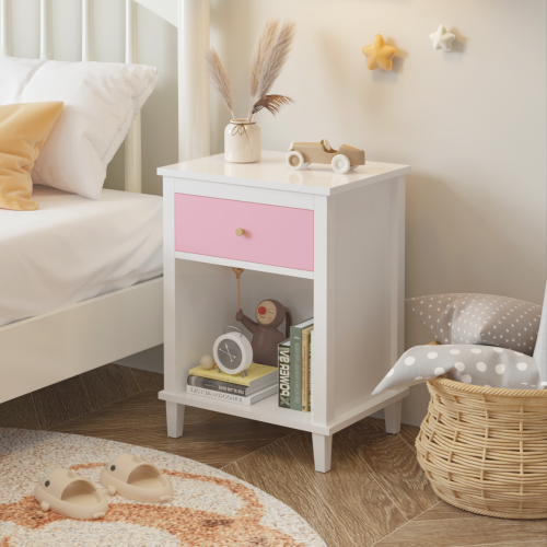 26.77''H Wooden Nightstand with One Drawer One Shelf for Kids, Adults, White+Golden handle、、casual