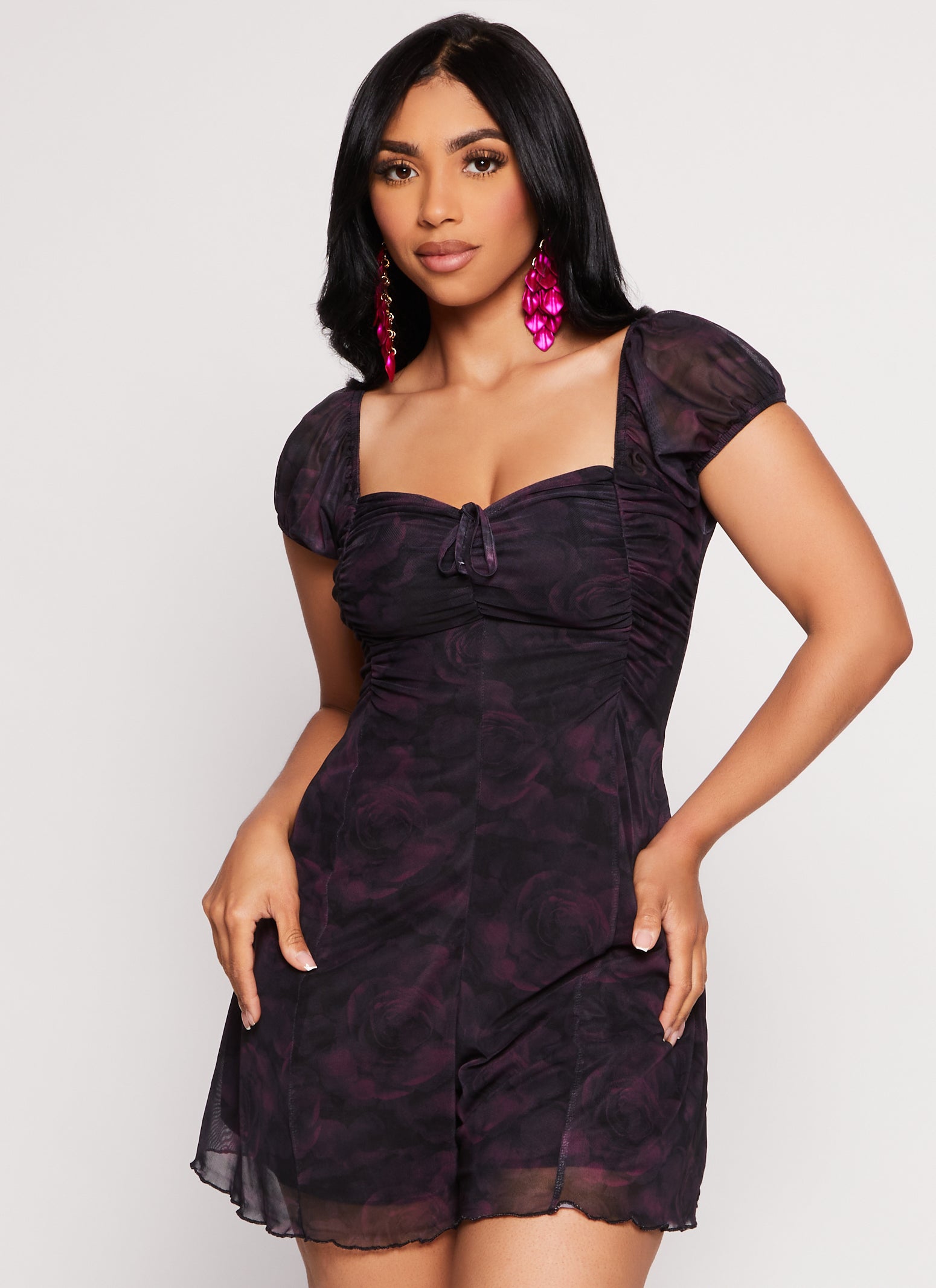 Mesh Floral Print Ruched Peasant Romper、mySite、camillekostekn