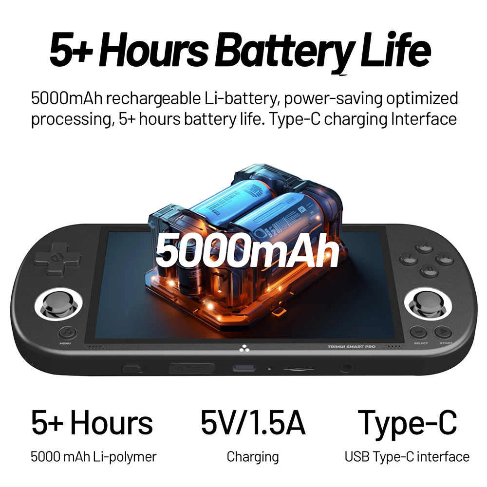 TRIMUI Smart Pro Handheld Game Console, 4.96-inch IPS Screen, Linux OS, 1GB RAM 8GB Storage 64GB TF Card, 5 Hours Playtime - Black