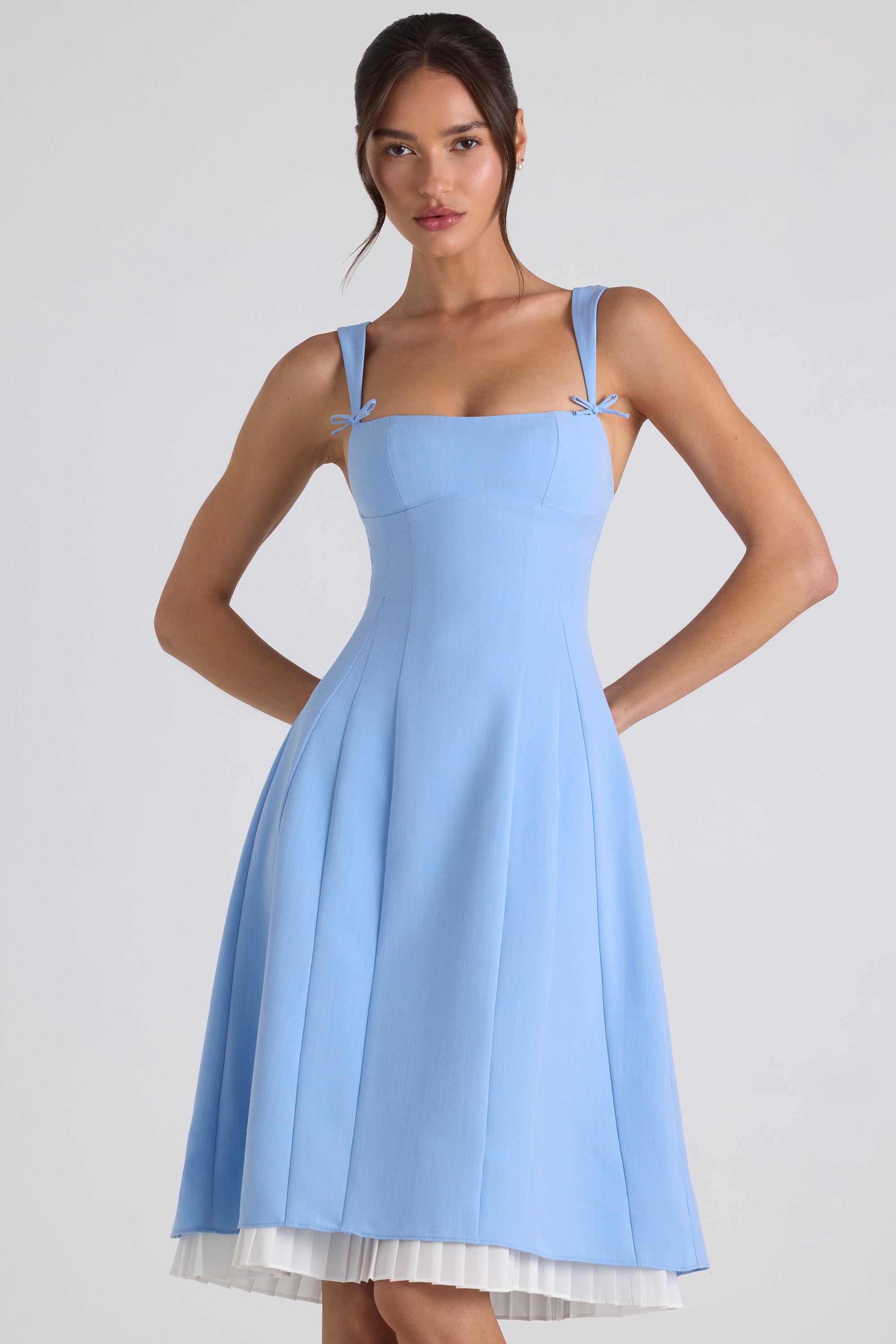 Bow-Detail Pleated A-Line Midi Dress in Sky Blue、mySite、solidvoid