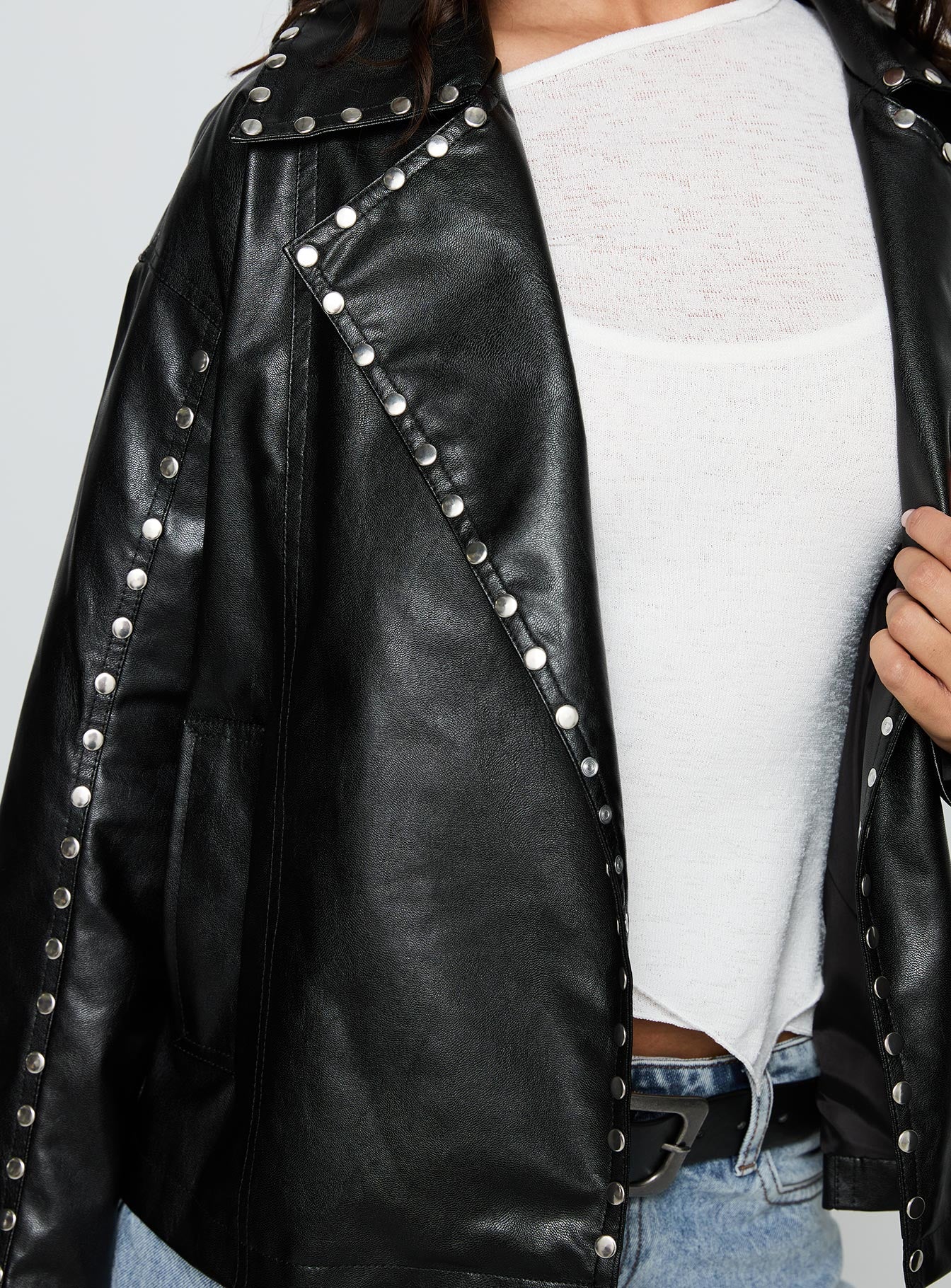 Kaeden Faux Leather Stud Detail Biker Jacket Black、mySite、solidvoid