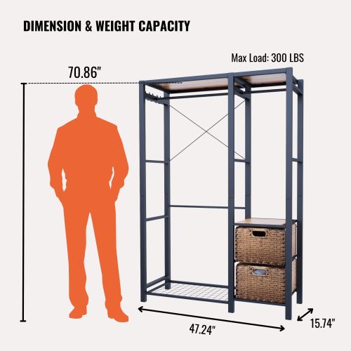Acacia Wood Garment Racks with Shelves 2 Wicker Drawers and 4 Hooks Heavy Duty Closet Organizer for Hanging Clothes, Freestanding Closet Wardrobe Rack, Vintage Brown、、eastwooduniform