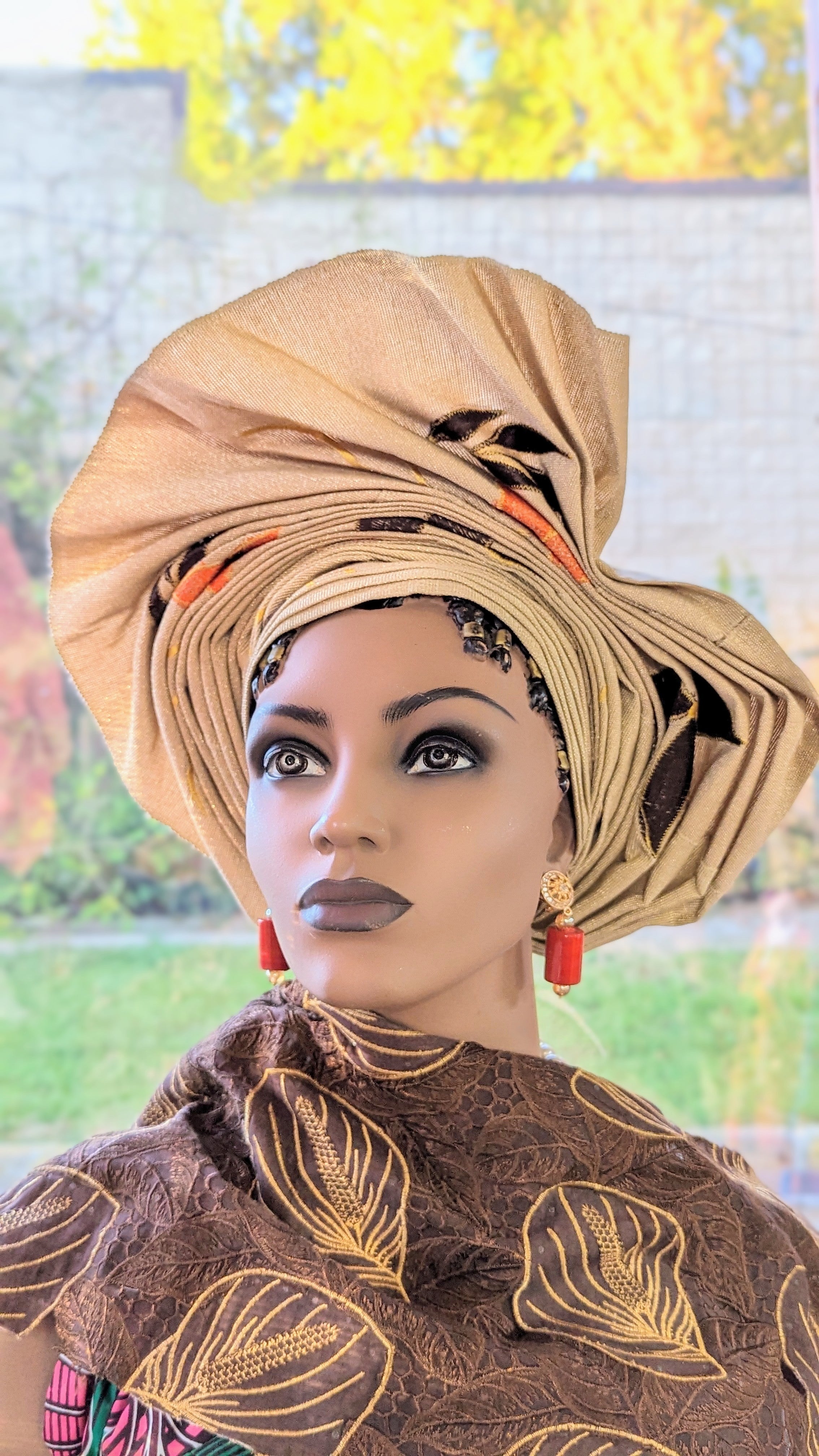 Evah Tan with Orange and Brown Leaf Patterns African Aso Oke Autogele Head Tie pre-tied Head wrap-DPAGTBO33、mySite、solidvoid