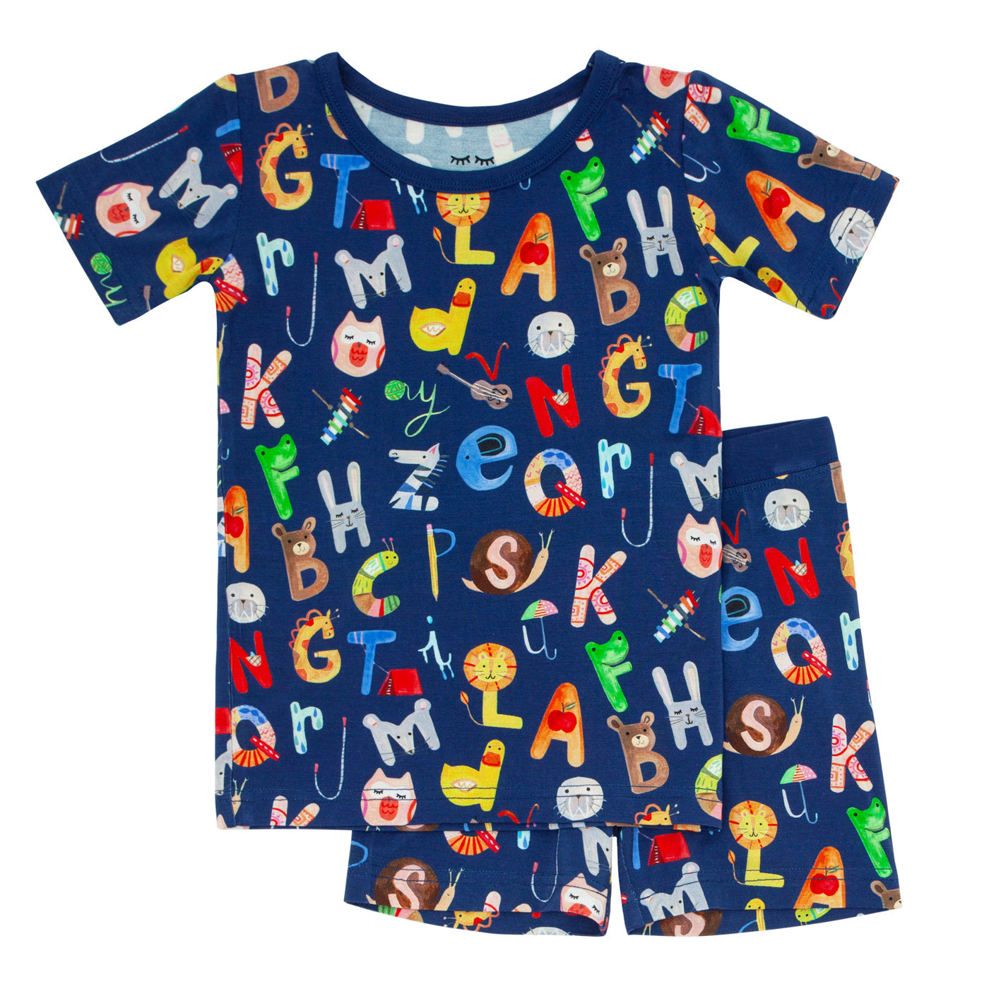 Navy Alphabet Friends Two-Piece Short Sleeve & Shorts Pajama Set、mySite、g9winljtr