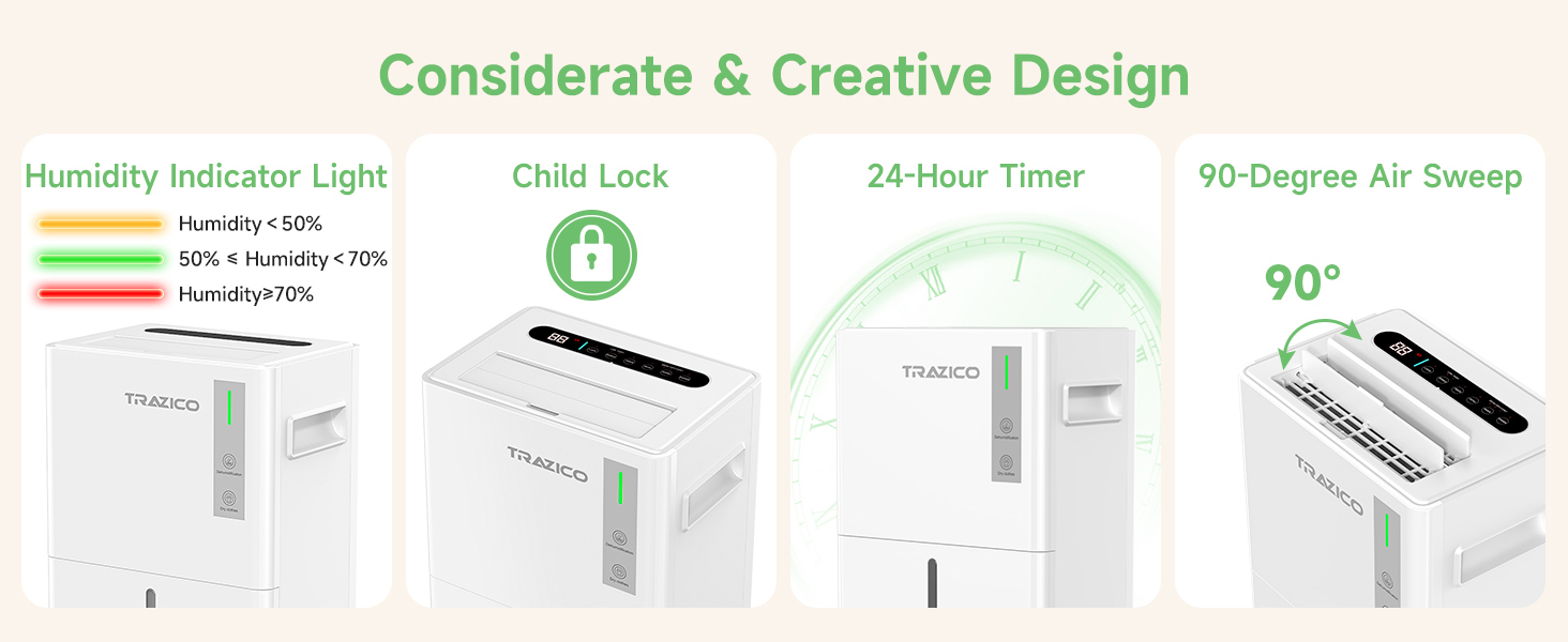 dehumidifiers with 24 hours timer child lock Humidity Indicator Light 90-Degree Air Sweep