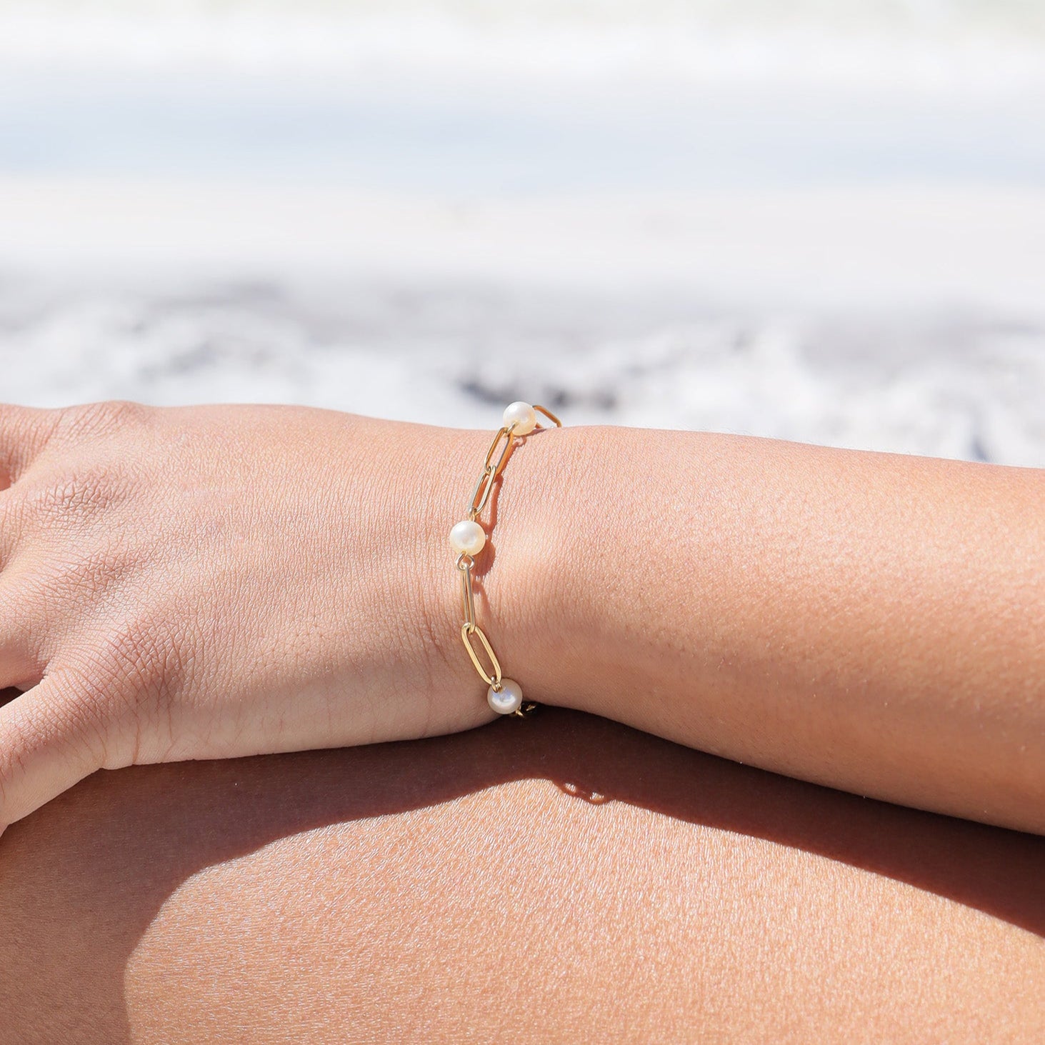 18K Gold PVD Stainless Steel Station Pearl Paperclip Bracelet / BRJ1023、mySite、dreamappss