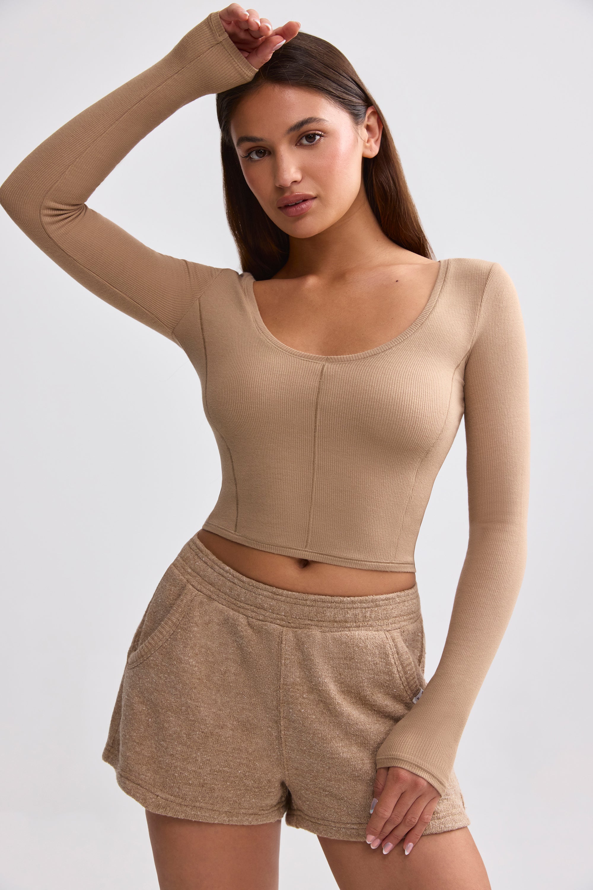 Ribbed Modal V-Neck Crop Top in Mocha Brown、mySite、solidvoid