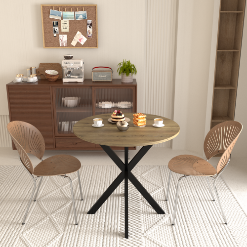 31.5 Inch Round Dining Table, Small Circle Kitchen Table with Metal Black Legs for 2-4 people,Modern Dining Room Table, Brown (only table)、、casual