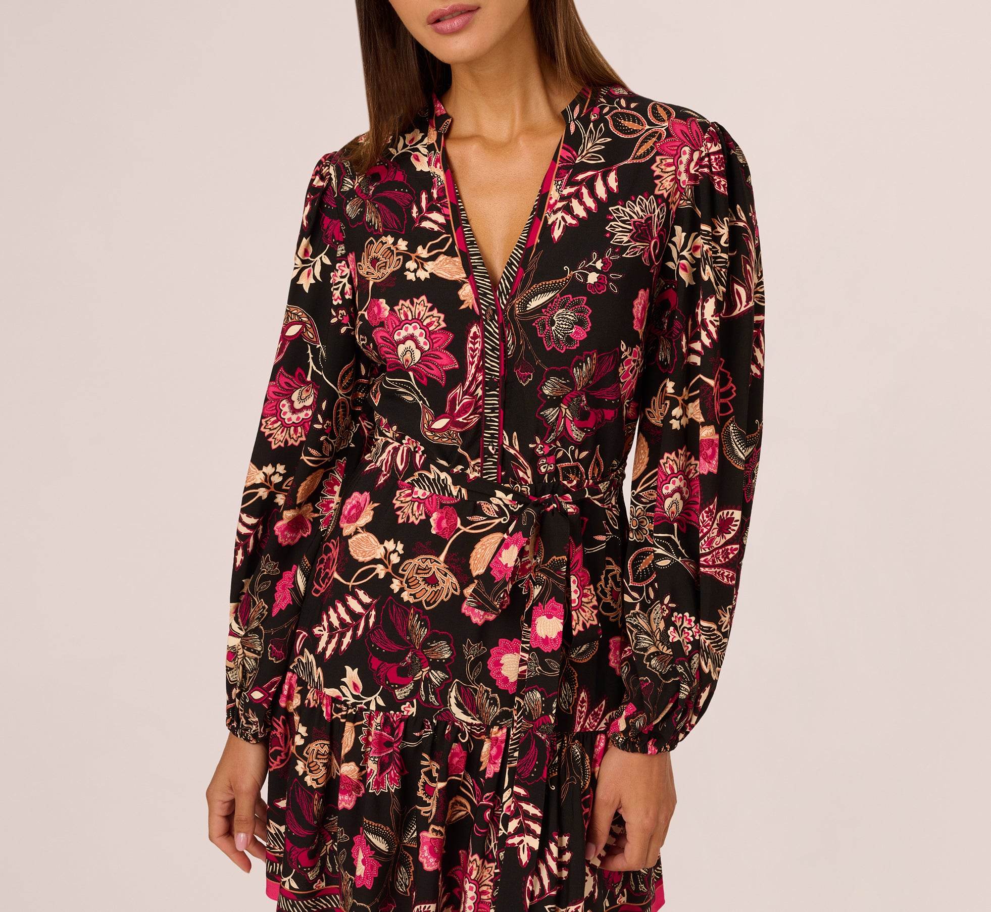 Floral Printed V Neck Button Front Dress With Long Sleeves In Black Multi、mySite、solidvoid