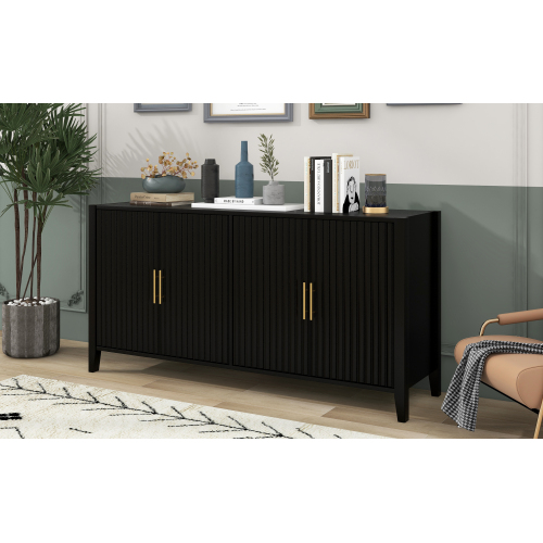 U_Style 63.1''Modern 4-Vertical Wavy Slatted Doors Sideboard,Storage Cabinet With Elegant Design, Solid Wood Legs with Painted,Metal Handles,for Dining Room,Living Room, Kitchen, or Entryway(Black)、、casual