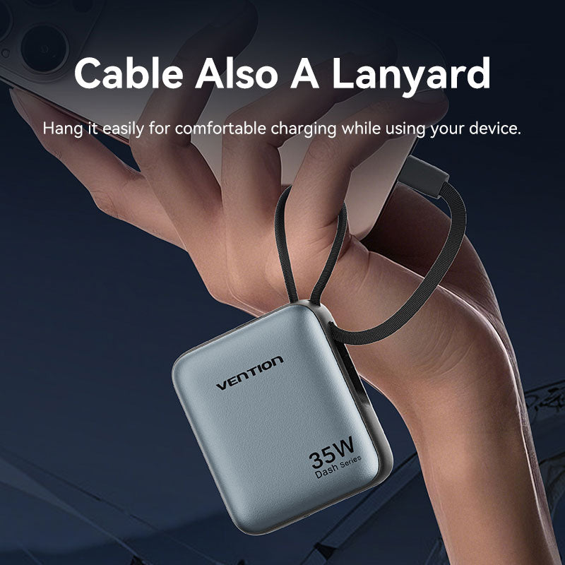Vention 10000mAh Mini Power Bank (USB-C + USB-C/Lightning) with Built-in USB-C and Lightning Cables 35W Gray、mySite、fannypackpong