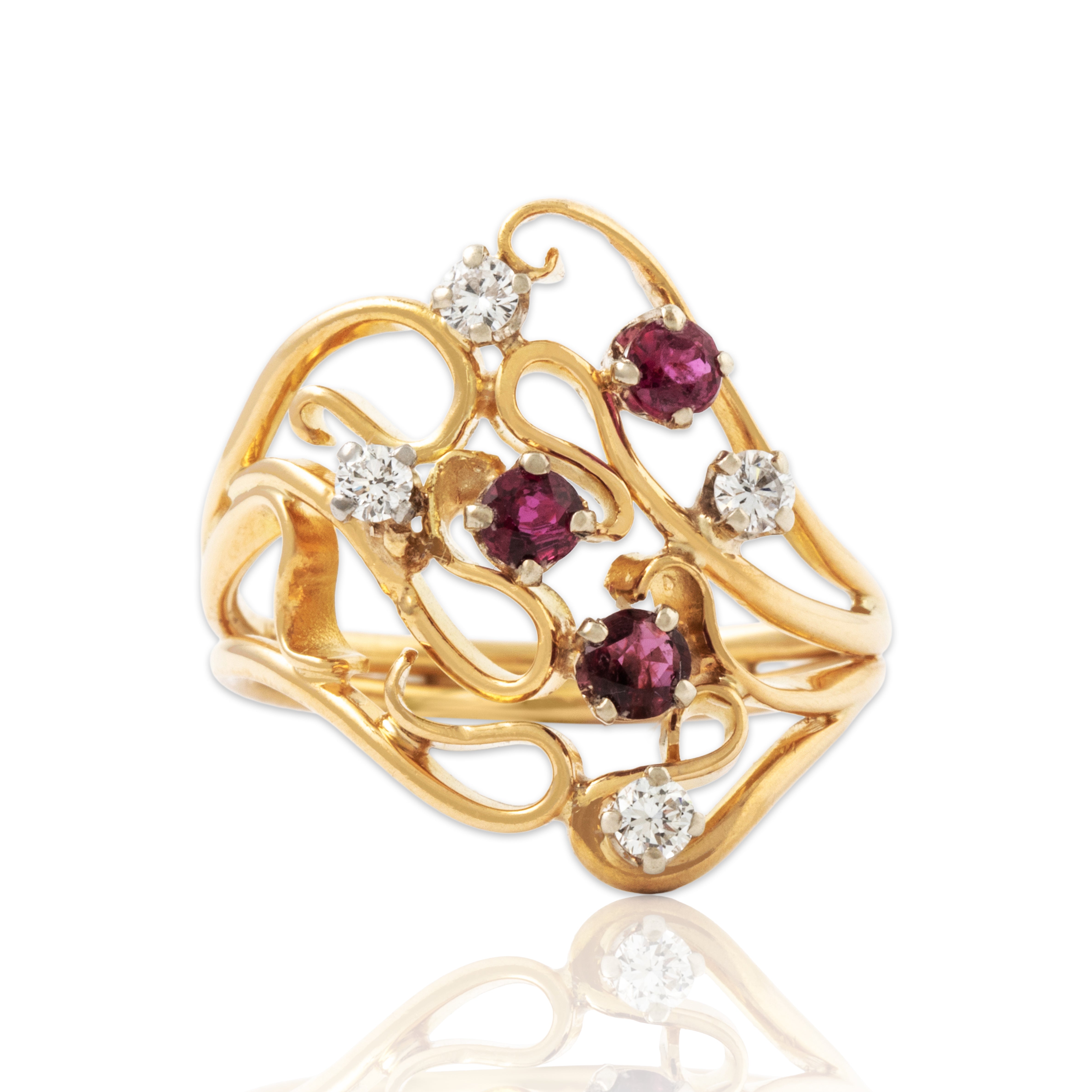 Vintage 18k Yellow Gold Ruby Diamond Swirling Artistic Ring 6.50、mySite、hinf8tx79