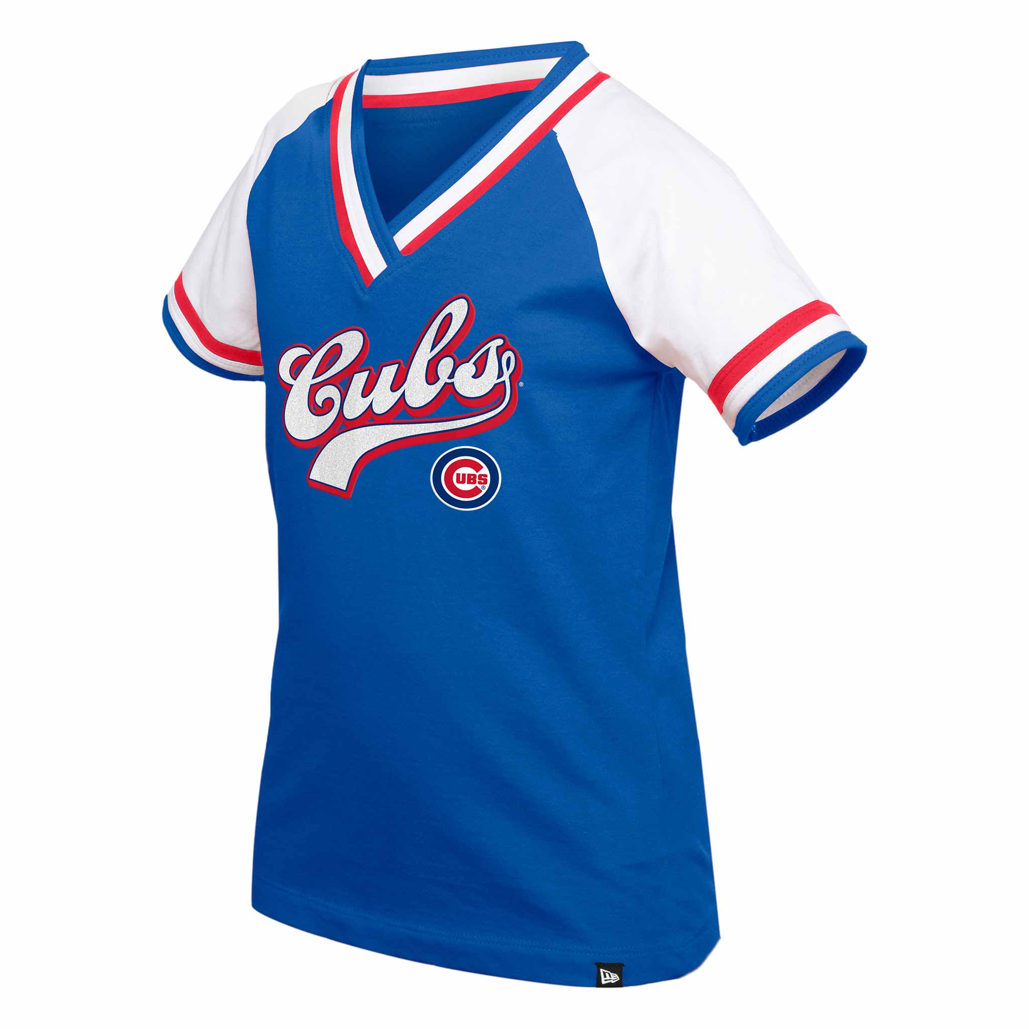 Chicago Cubs Youth Girls New Era Script V Neck T Shirt、mySite、vikingsvslions