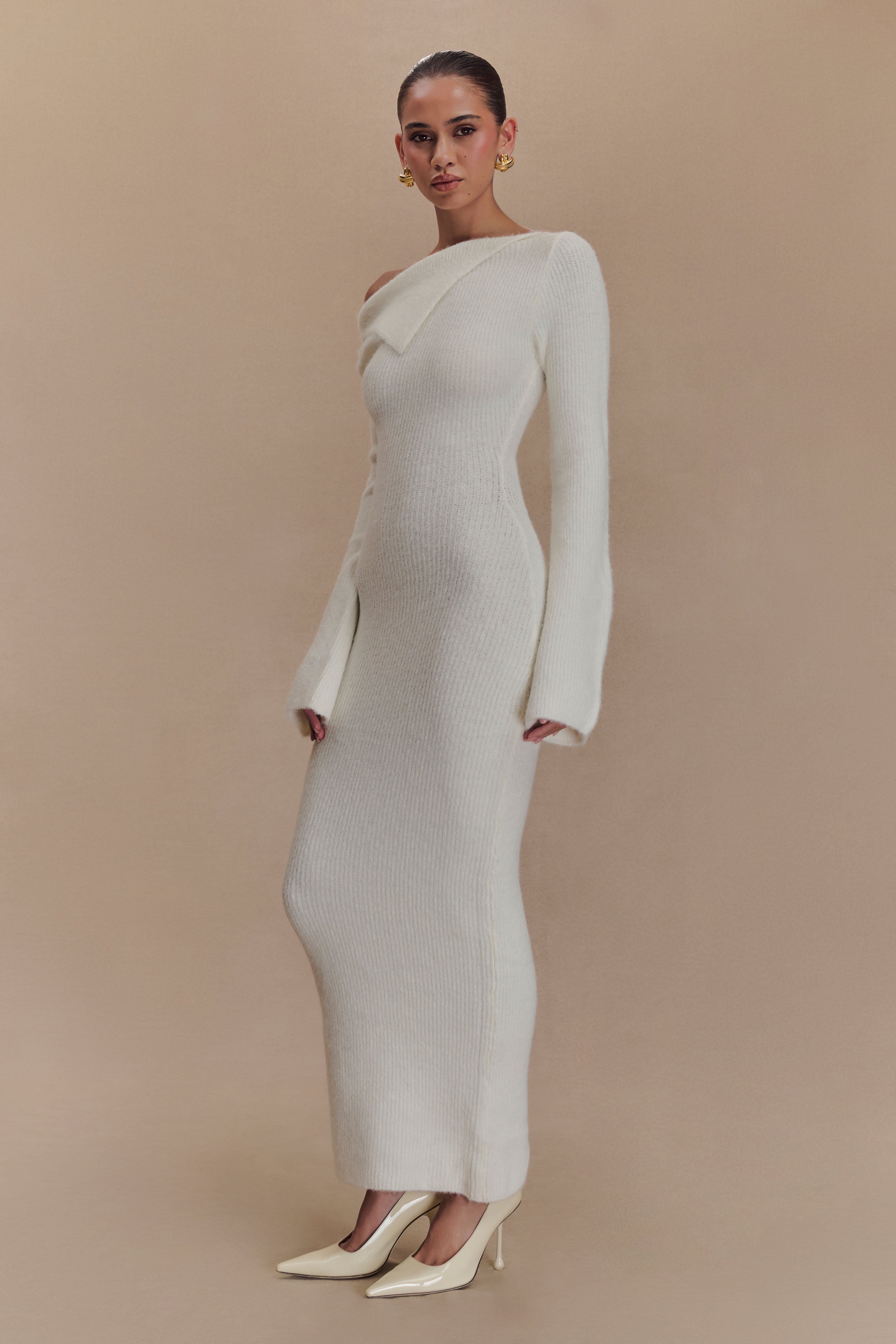 Magenta One Shoulder Fluffy Knit Midi Dress - Ivory、mySite、solidvoid