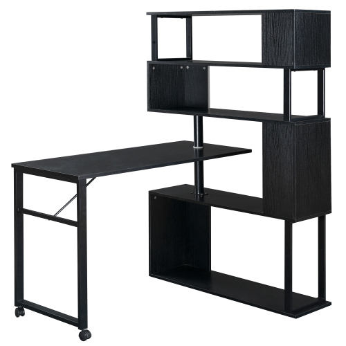 Home Office Computer Desk L-Shaped Corner Table, Rotating Computer Table with 5-Tier Bookshelf, Four Installation Methods, Lockable Casters (Black)、、casual