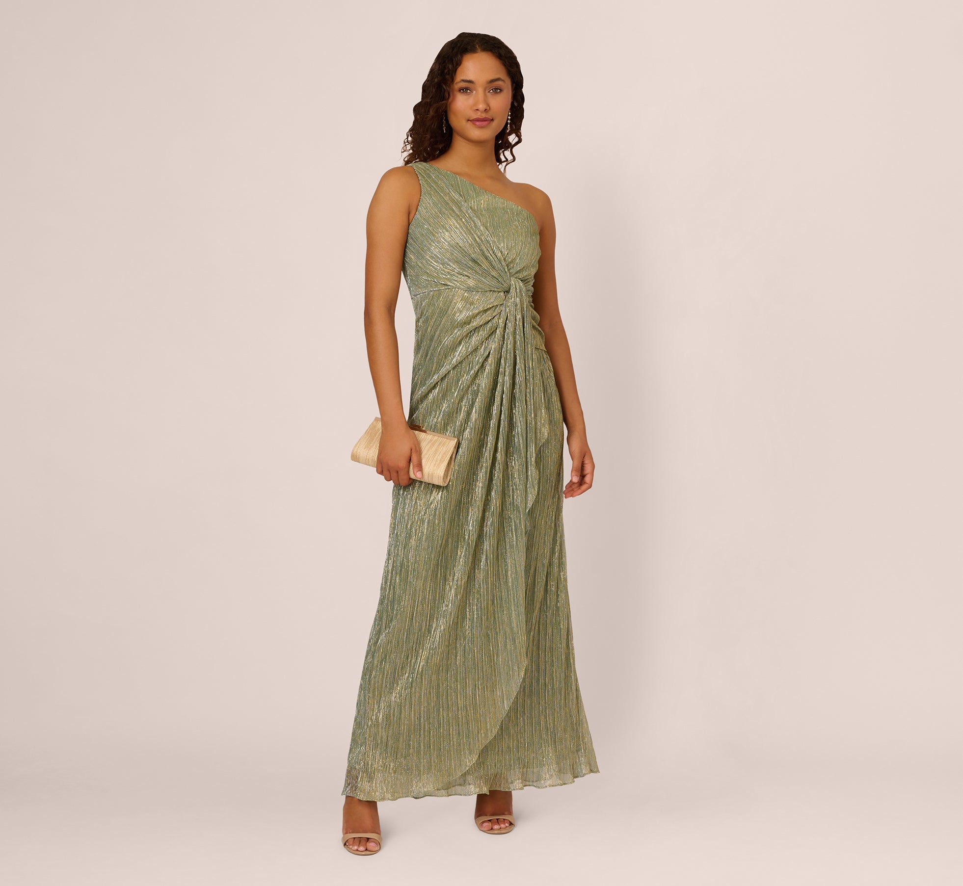 Stardust Pleated Draped One Shoulder Gown In Green Slate、mySite、solidvoid