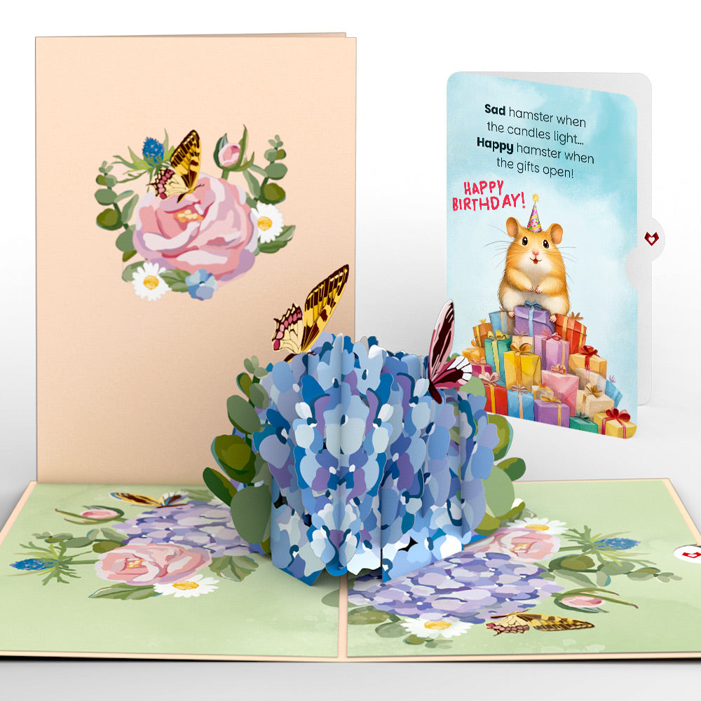 Hydrangea Butterflies Birthday Pop-Up Card and Happy Hamster Sentiment Set、mySite、solidvoid