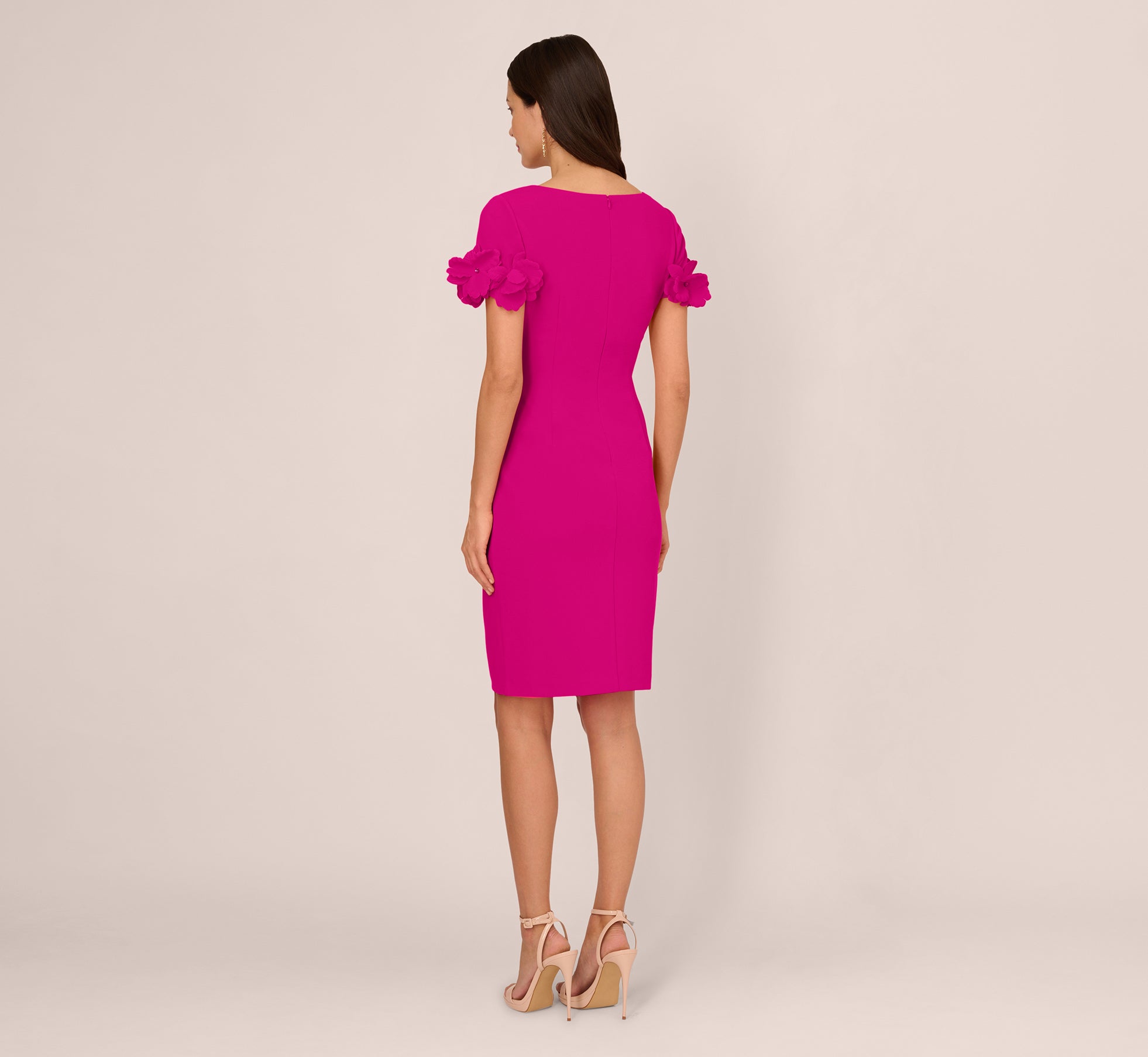 Crepe Faux Wrap Sheath Dress With Floral Accent Short Sleeves In Pink Flambe、mySite、solidvoid