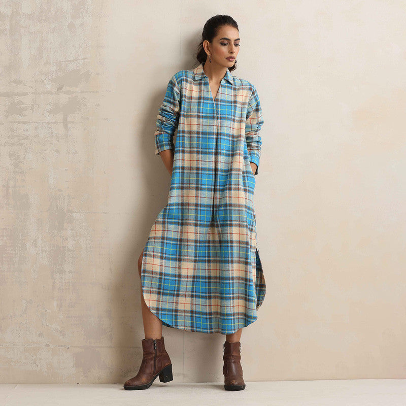 Cotton Dress For Women | Checkered Print | Shirt Collar | Beige & Blue、mySite、camillekostekn