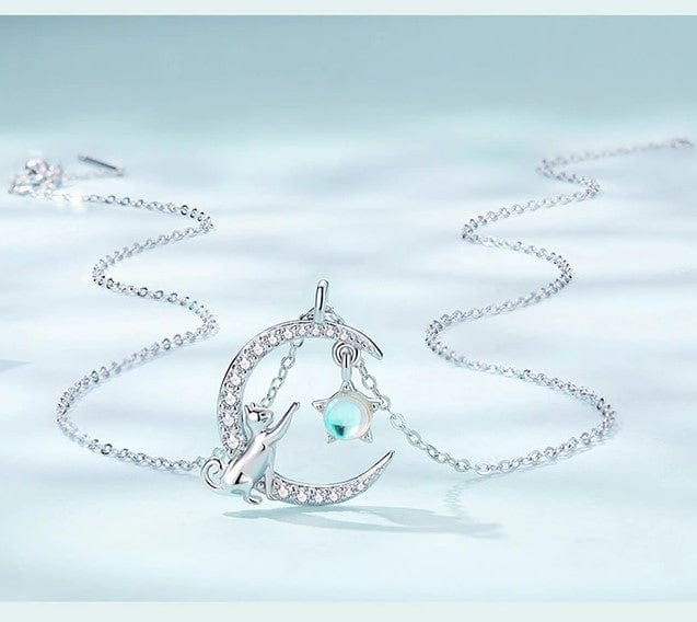 Cat in Moon Reaching for Star Necklace 925 Sterling Silver 18 adj. Chain、mySite、g9winljtr