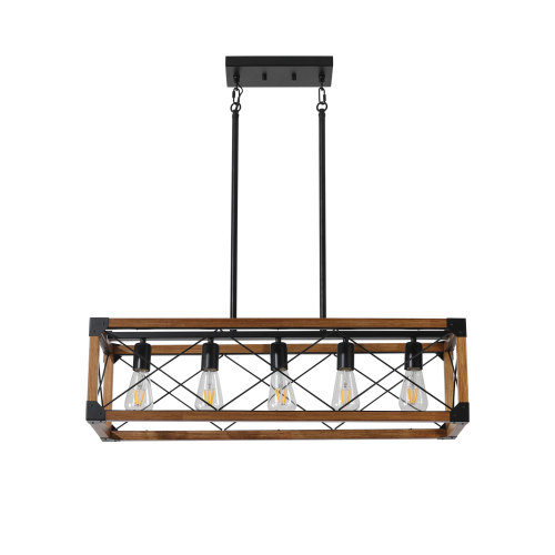 (Same as W1340P155968/L1011-RW) 32" Red Wood Industrial Farmhouse Rectangle Pendant Light, 5-Light Chandelier for Dining Room, Kitchen Island, Cafe Decor (No Bulbs)、、eastwooduniform