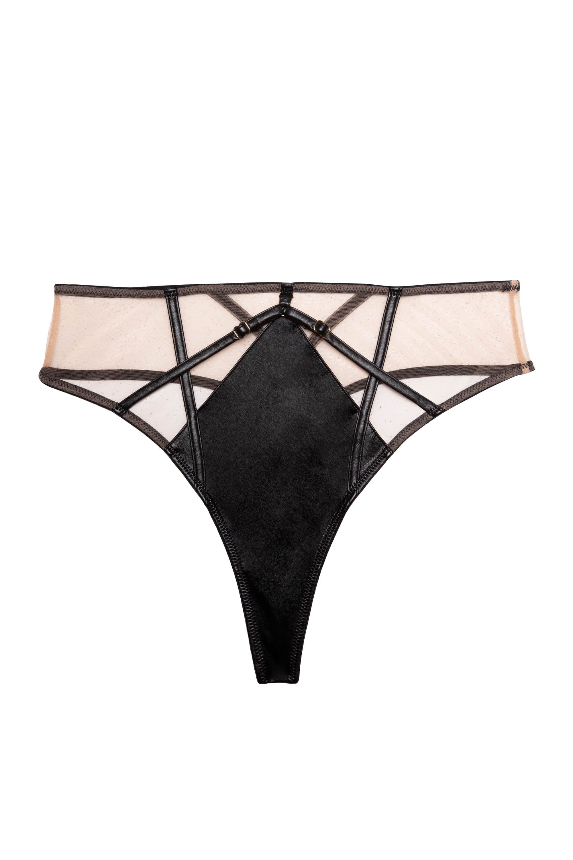 Ramona Black Leatherette Strap Detail Illusion Mesh High Waisted Thong、mySite、bengalsvssteelers