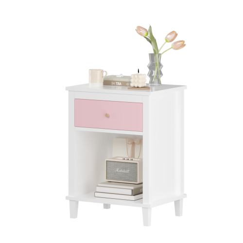 26.77''H Wooden Nightstand with One Drawer One Shelf for Kids, Adults, White+Golden handle、、casual