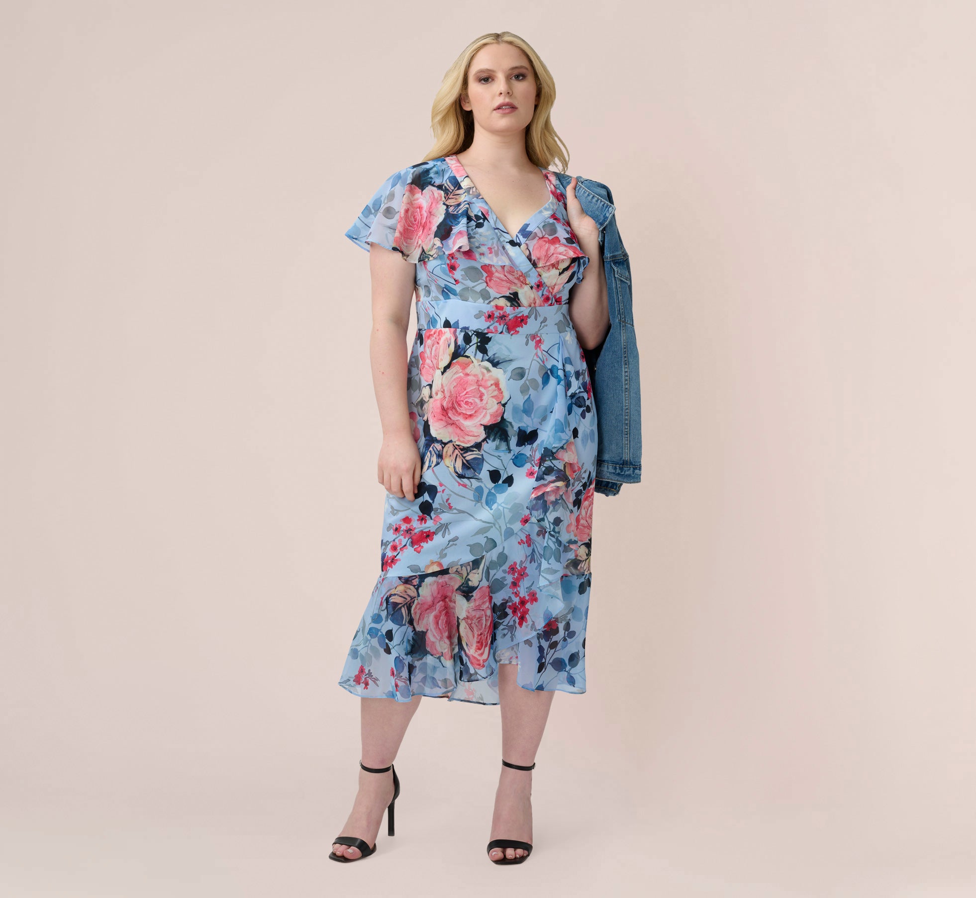 Plus Size Floral Faux Wrap Dress In Blue Multi、mySite、solidvoid