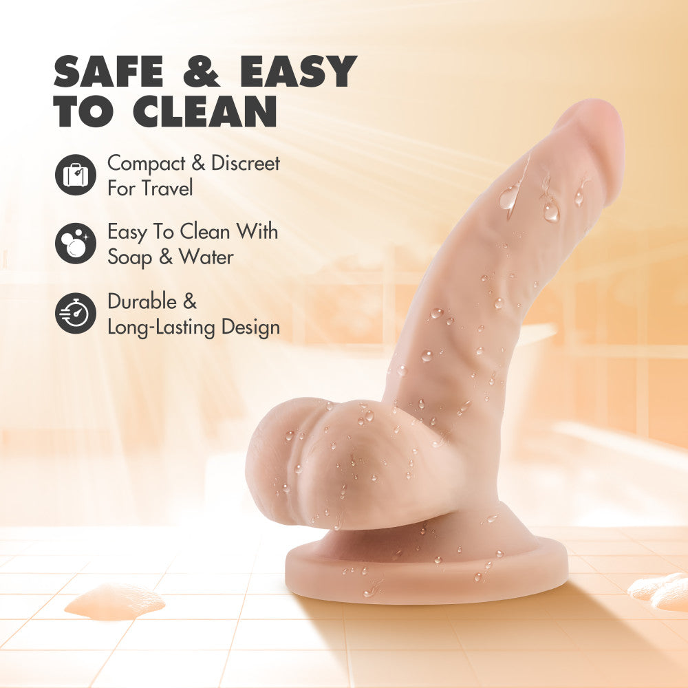 Dr. Skin By Blush® | Realistic Curved G-Spot Beige 4.75-Inch Long Dildo With Balls & Suction Cup Base、mySite、bottomscart