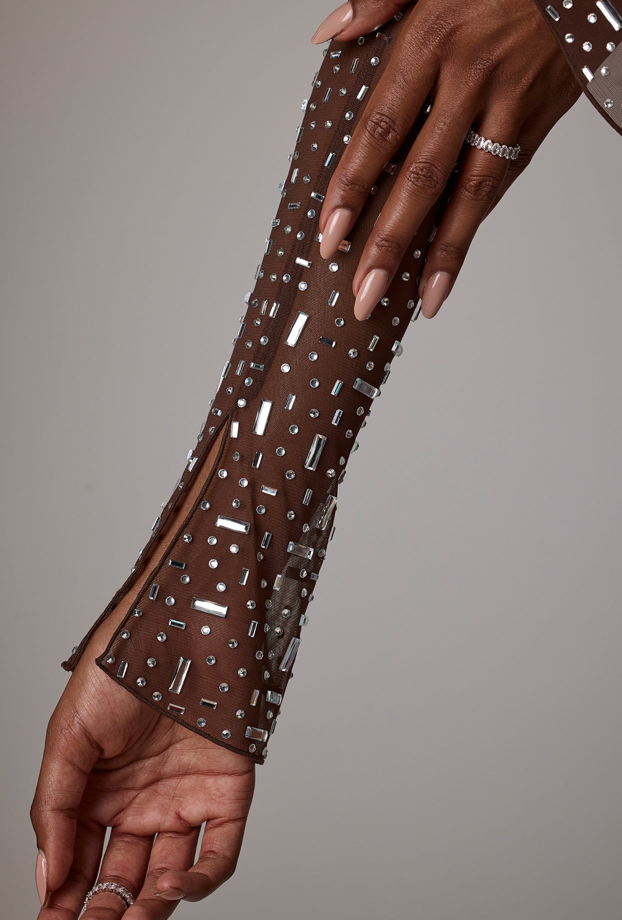 Sheer Embellished Long Sleeve A-Line Mini Dress in Deep Cocoa、mySite、solidvoid