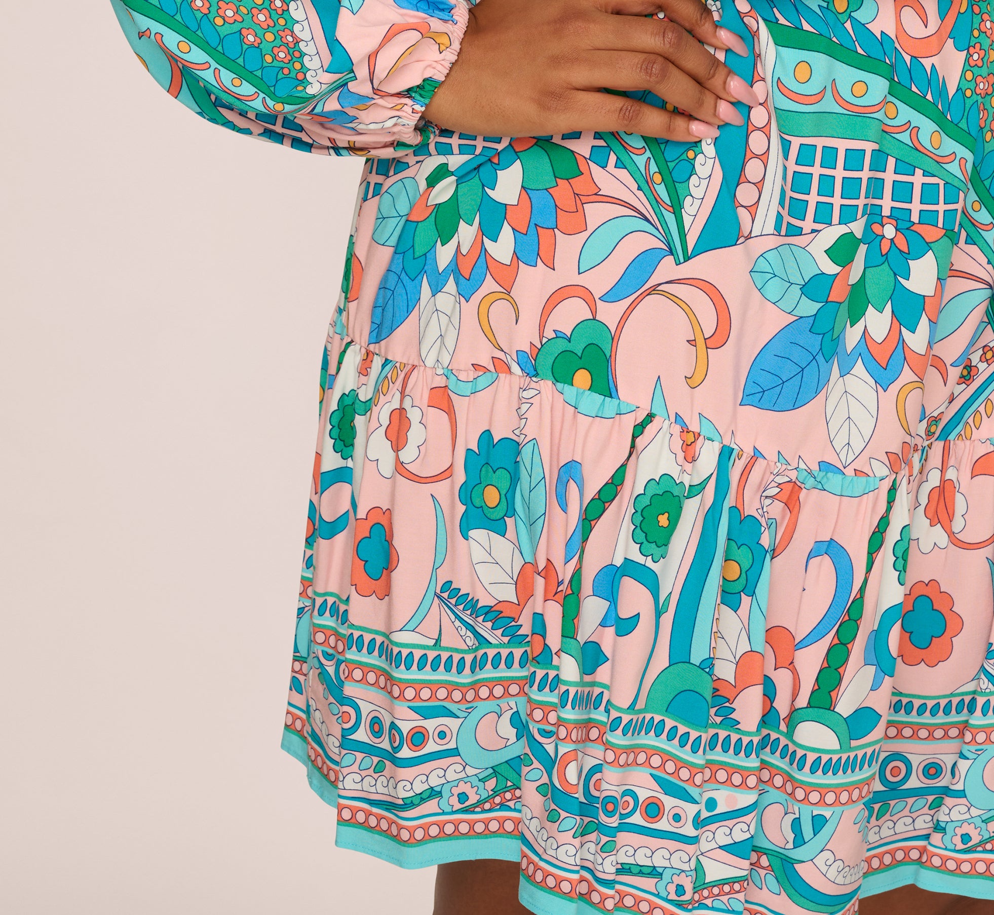 Plus Size Long Sleeve Retro Printed A Line Dress In Peach Multi、mySite、solidvoid