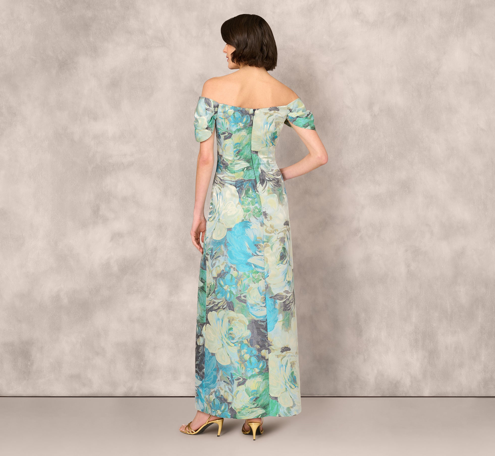 Off Shoulder Floral Jacquard Pleated Gown In Blue Multi、mySite、solidvoid