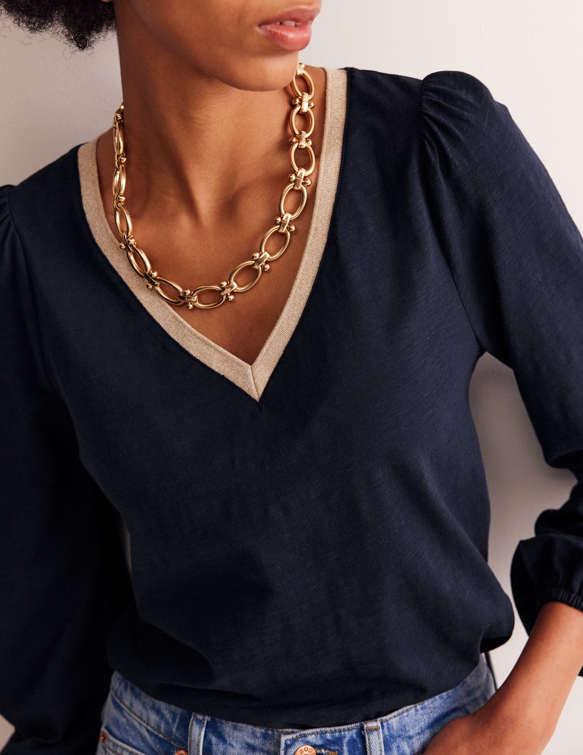  Metallic Trim Long Sleeve Top-Navy、mySite、ashleygrahame