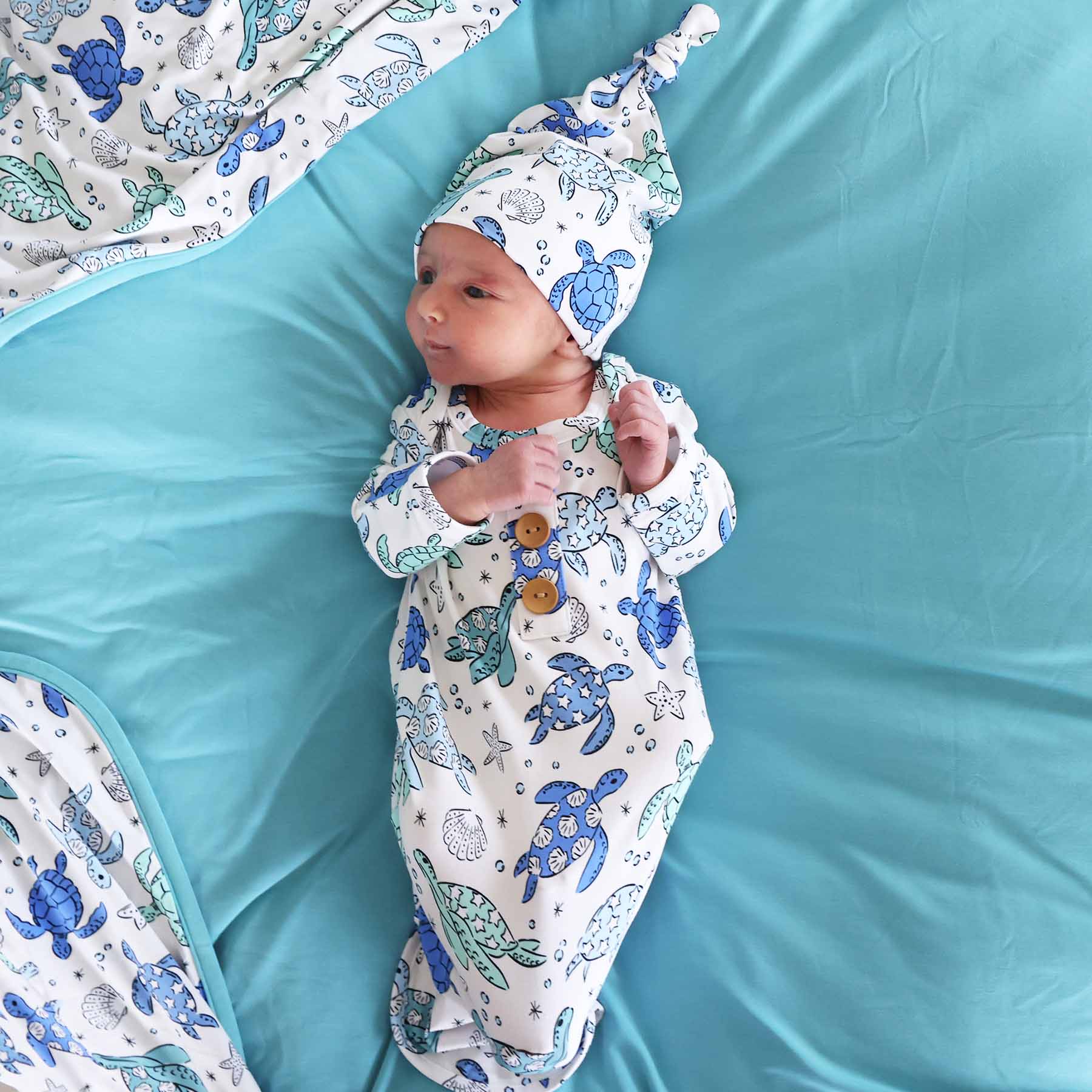  Sea Turtle Splash Newborn Baby Knot Gown & Hat Set、mySite、layawaytickets