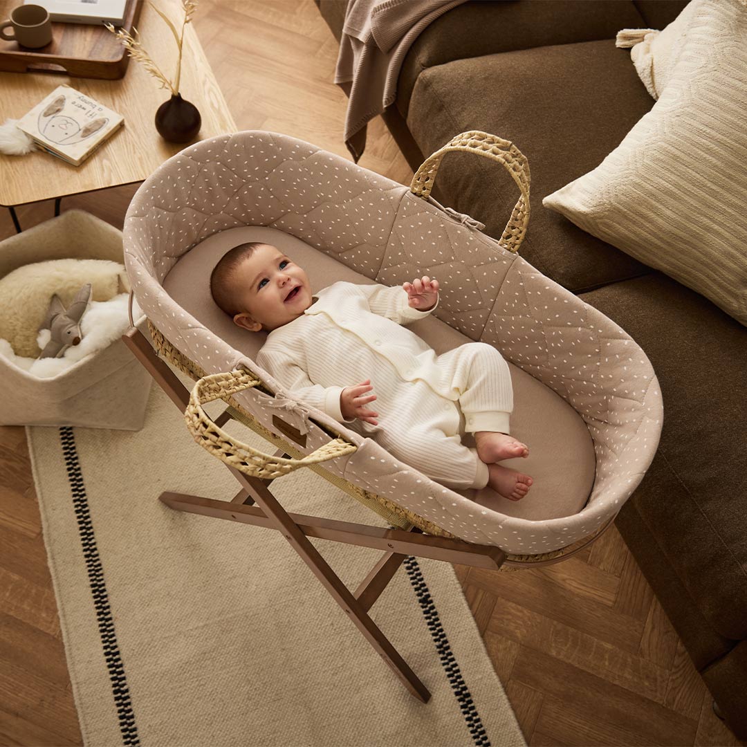  The Little Green Sheep Quilted Moses Basket and Foldable Stand Bundle - Truffle Rice / Walnut、mySite、merchandisen