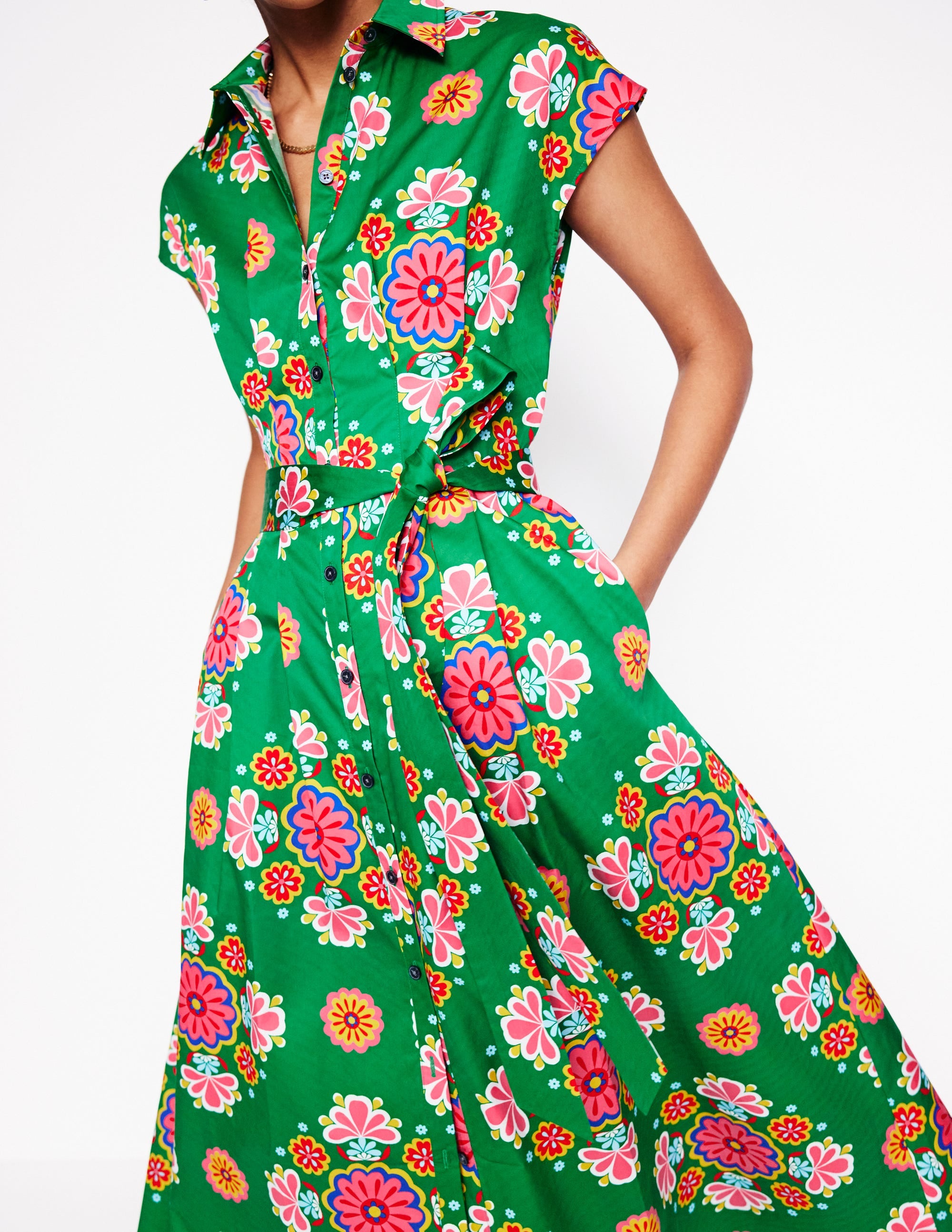  Rachel Cotton Midi Shirt Dress-Rich Emerald, Meadow Posy、mySite、ashleygrahame