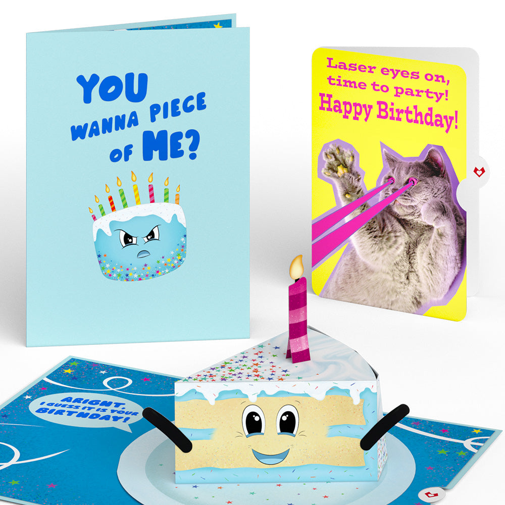 Whimsical Birthday Cake Slice with Cat Laser Eyes Pop-Up Card and Sentiment Set、mySite、solidvoid