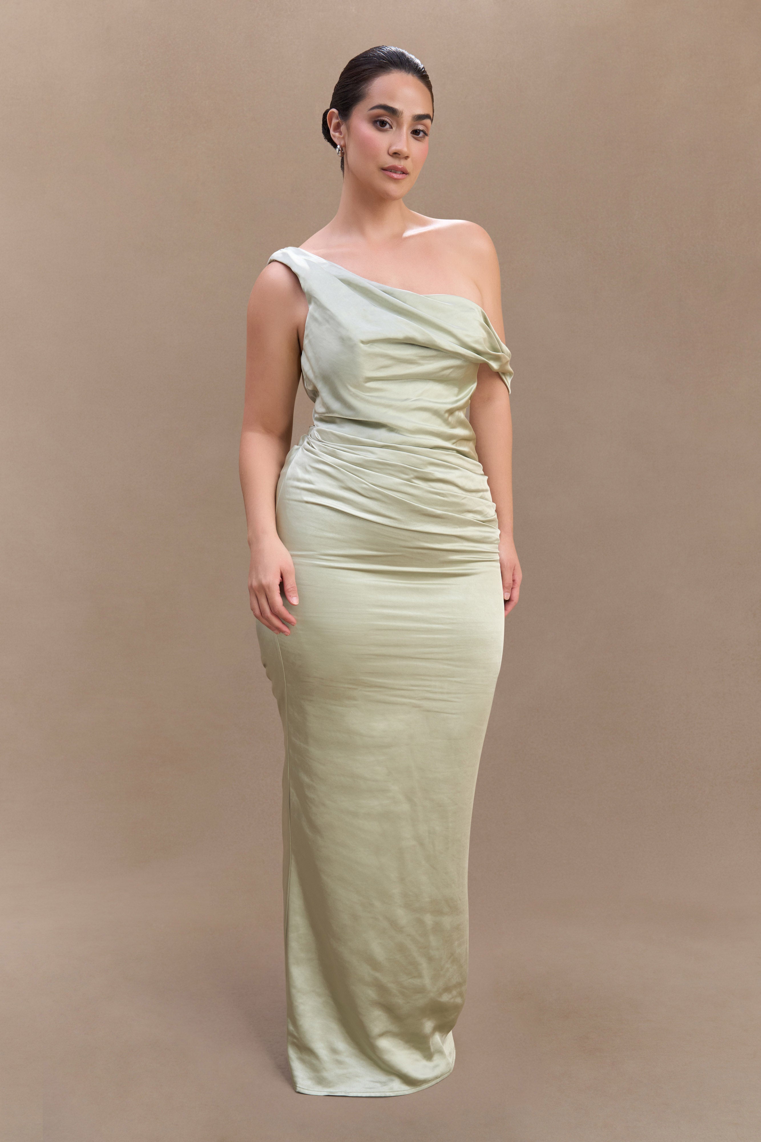 Dalia Off Shoulder Satin Maxi Dress - Sage、mySite、solidvoid