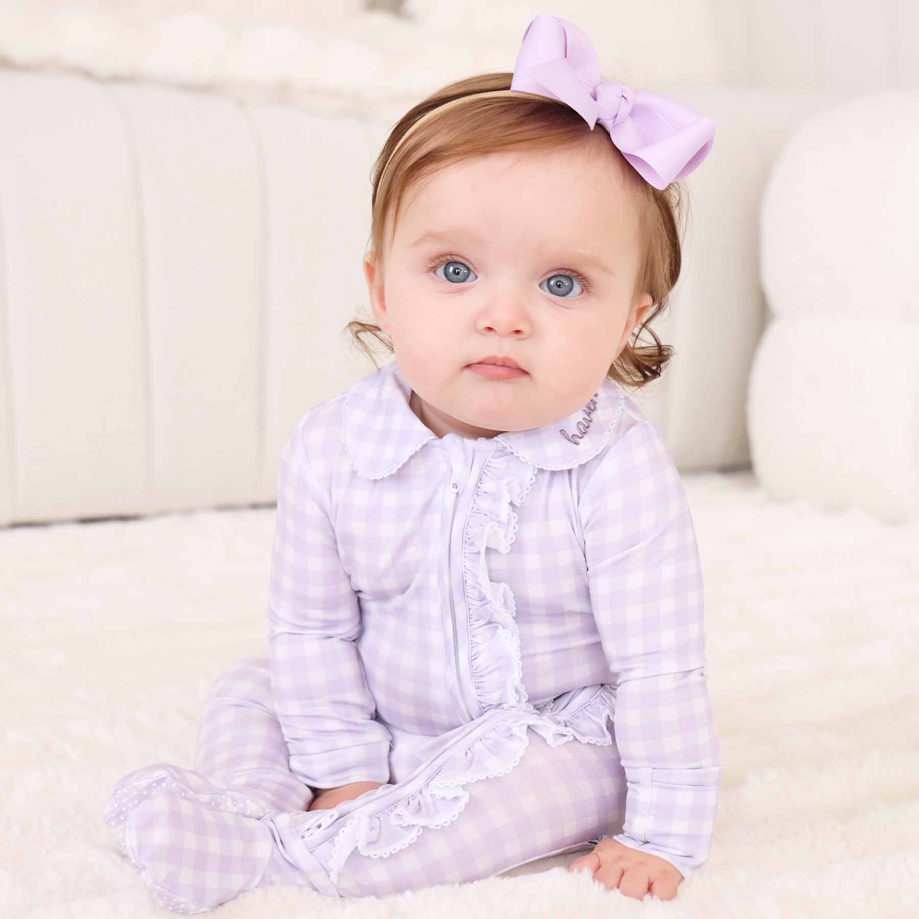  Peter Pan Collar Ruffle Zipper Footie | Lilac Gingham、mySite、layawaytickets