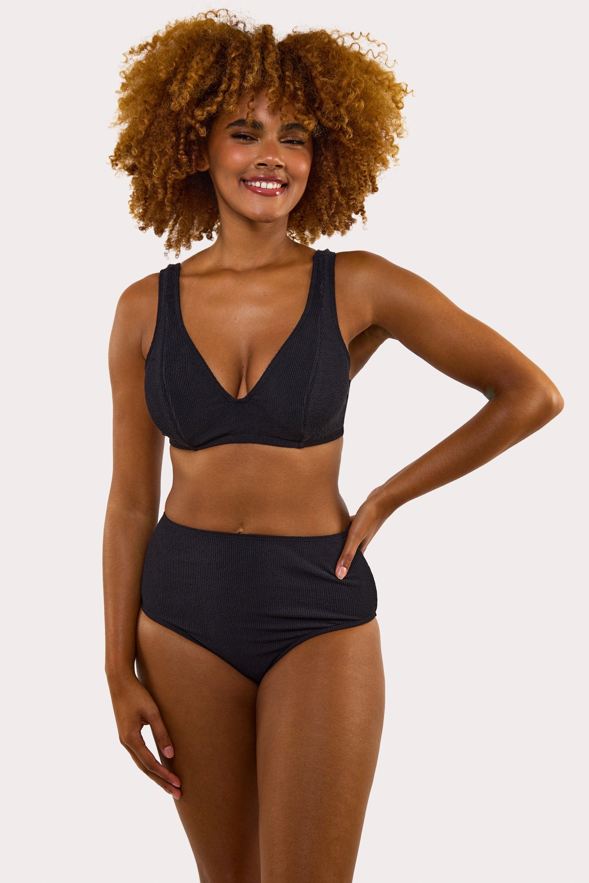 Mila Black Textured High Waisted Bikini Bottom、mySite、bengalsvssteelers