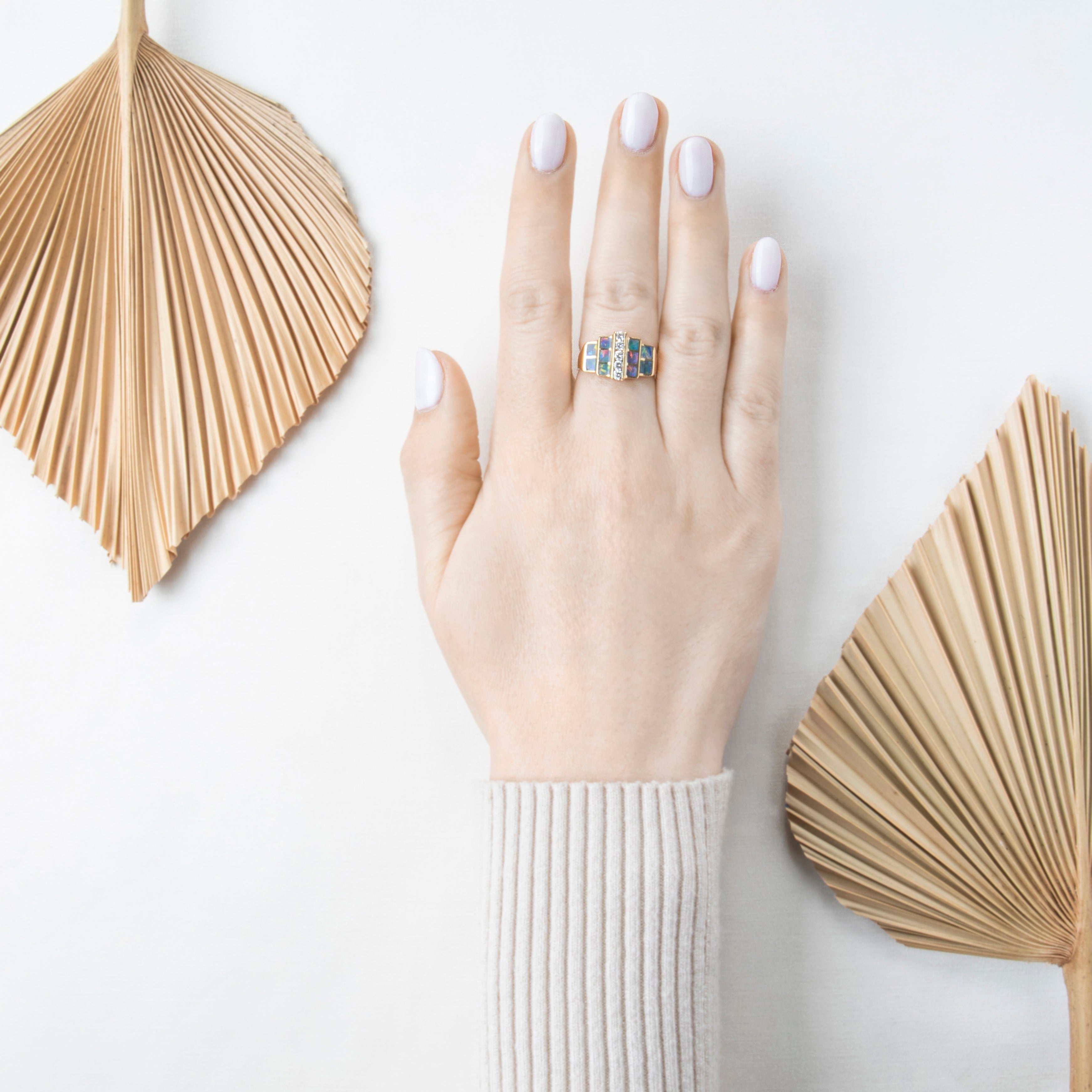 Vintage Heavy 18k Yellow Gold Blue Opal .29cttw Diamond Inlay Ring 8.75、mySite、hinf8tx79