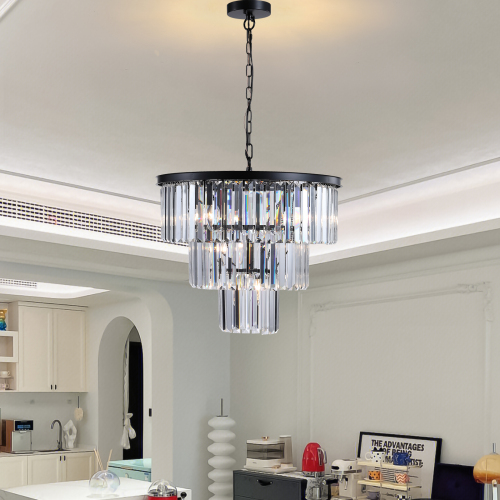 (NEW SKU:W1340P189315) 20" Modern Crystal Chandelier with Black Finish – Elegant 7-Light Pendant Light with 3 Tier Crystal Strands for Dining Room, Living Room, or Bedroom (Bulb Not Included)、、eastwooduniform