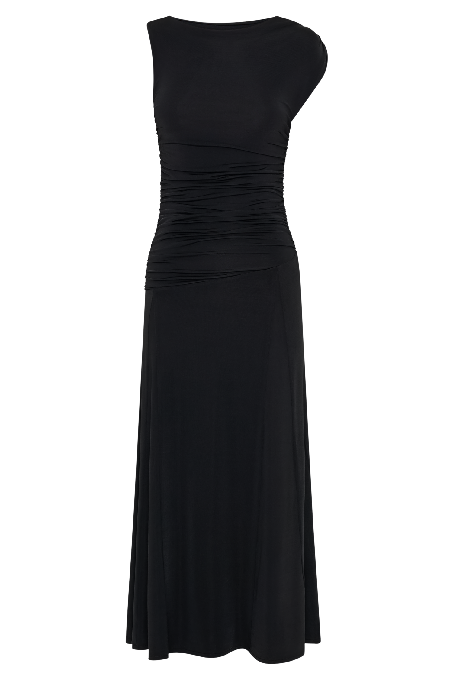 Navanna Asymmetric Slinky Midi Dress - Black、mySite、solidvoid