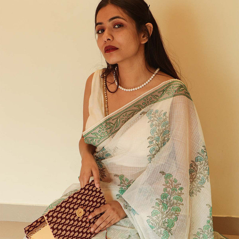 Festive Wear | Handblock Printed Kota Doria Saree | White、mySite、camillekostekn