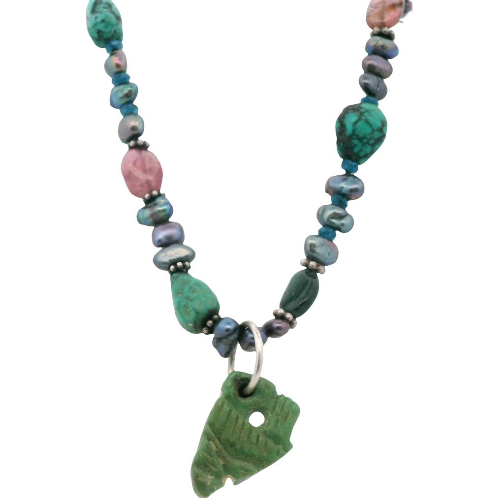  Estate Sterling Silver Turquoise, Pink Tourmaline, and Black Pearl Necklace