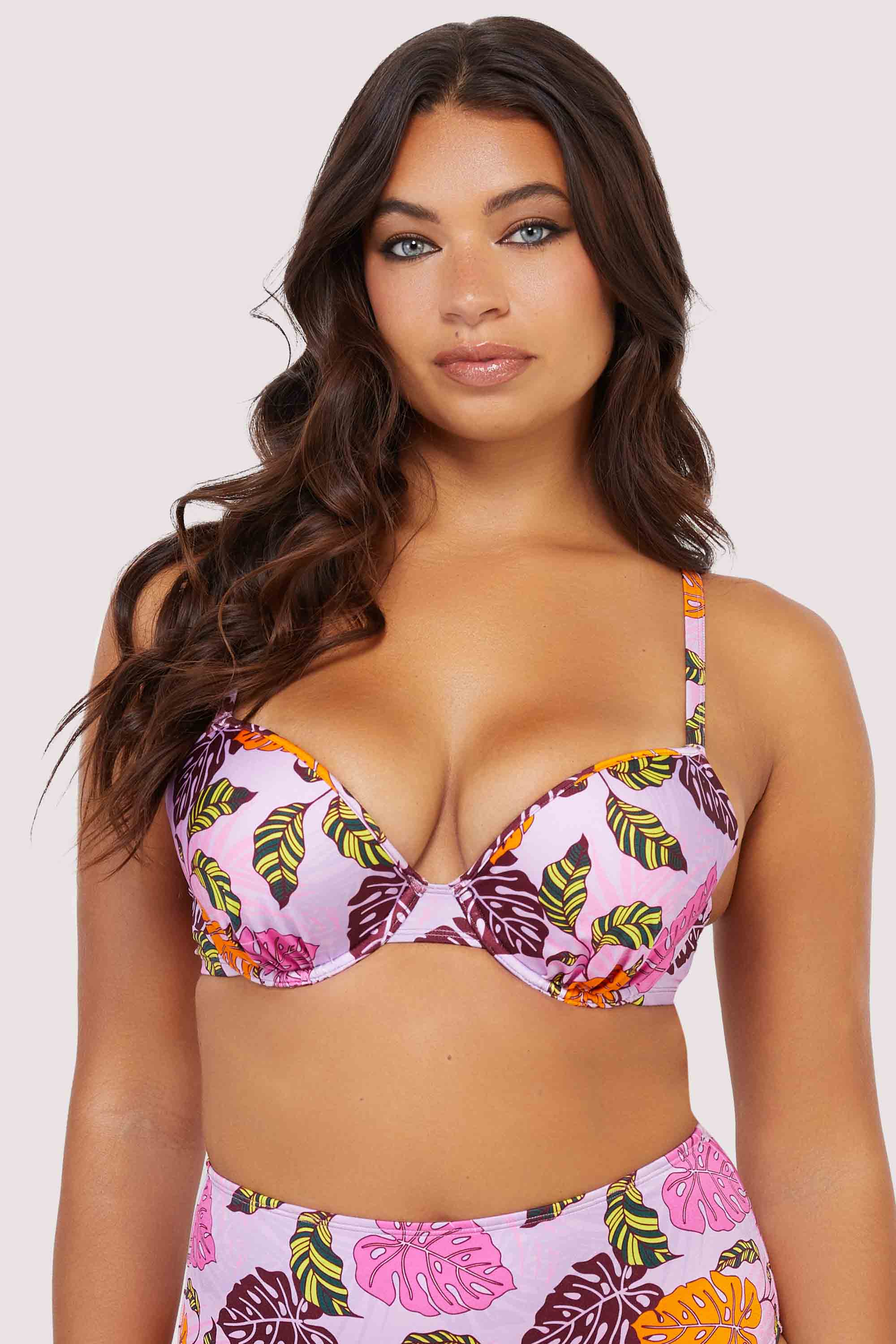 Riley Fuller Bust Mix & Match Pink Palm Print Plunge Bikini Top、mySite、bengalsvssteelers